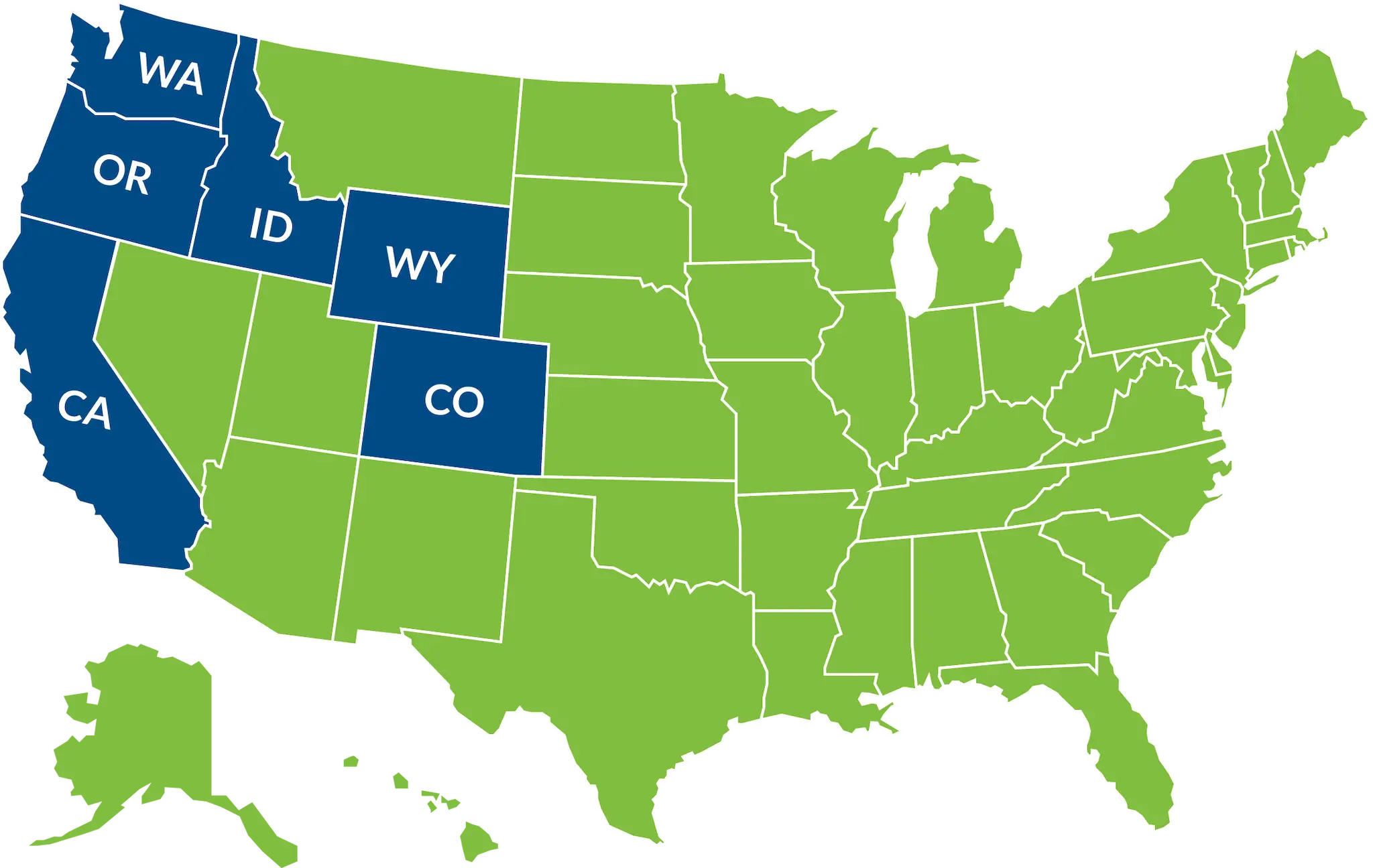 Green map of the United States with WA, OR, ID, CA, WY, and CO labeled and in blue